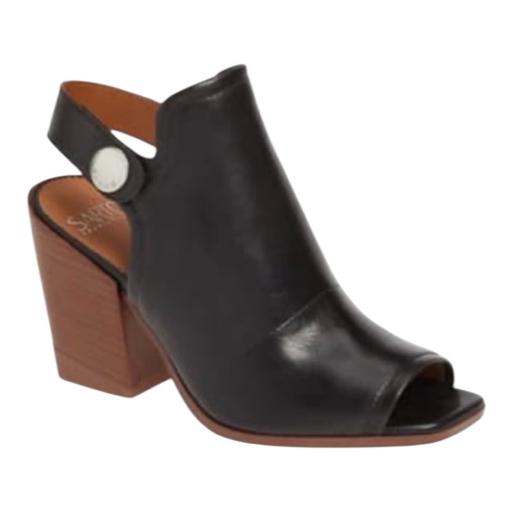 FRANCO SARTO ICELYNN BLACK LEATHER PEEP TOE BLOCK HEELED ANKLE STRAP BOOTIE - Picture 14 of 15